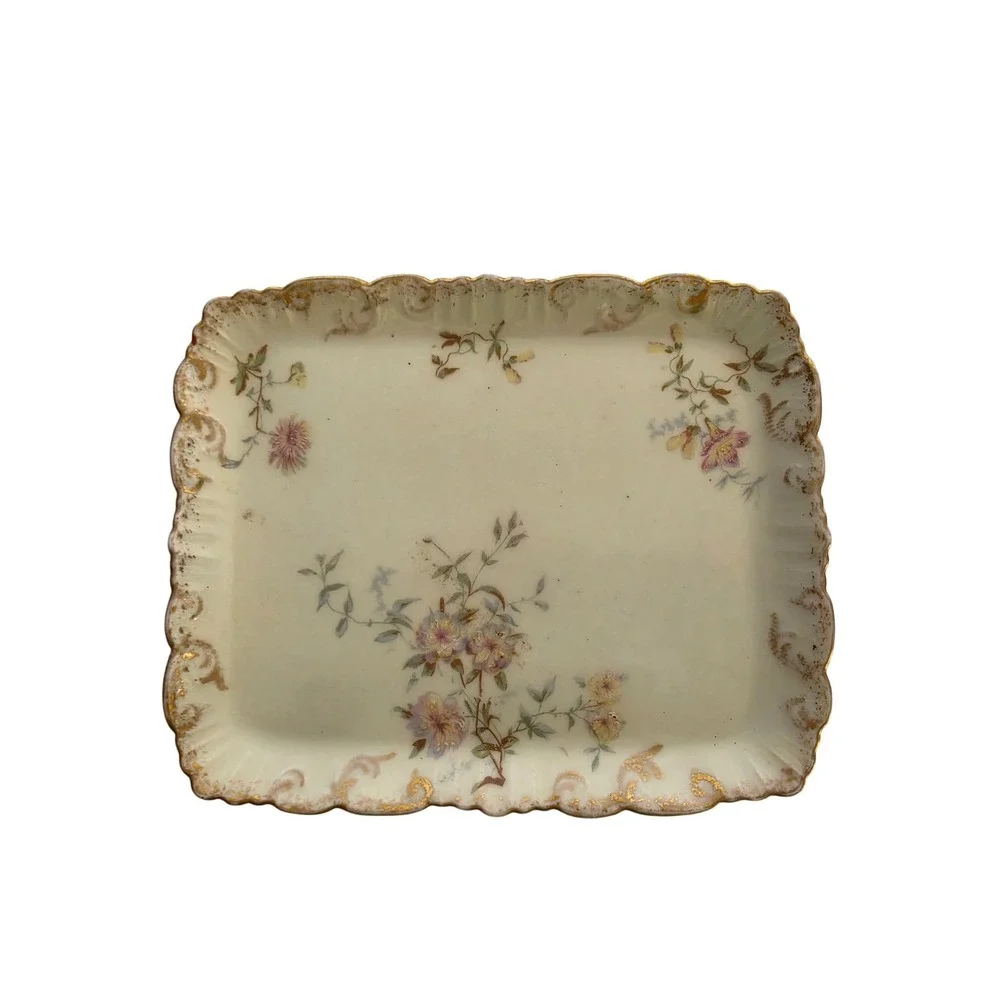 Antique French Porcelain Floral Tray Scalloped Gold Gilt‎ Trinket Dish France